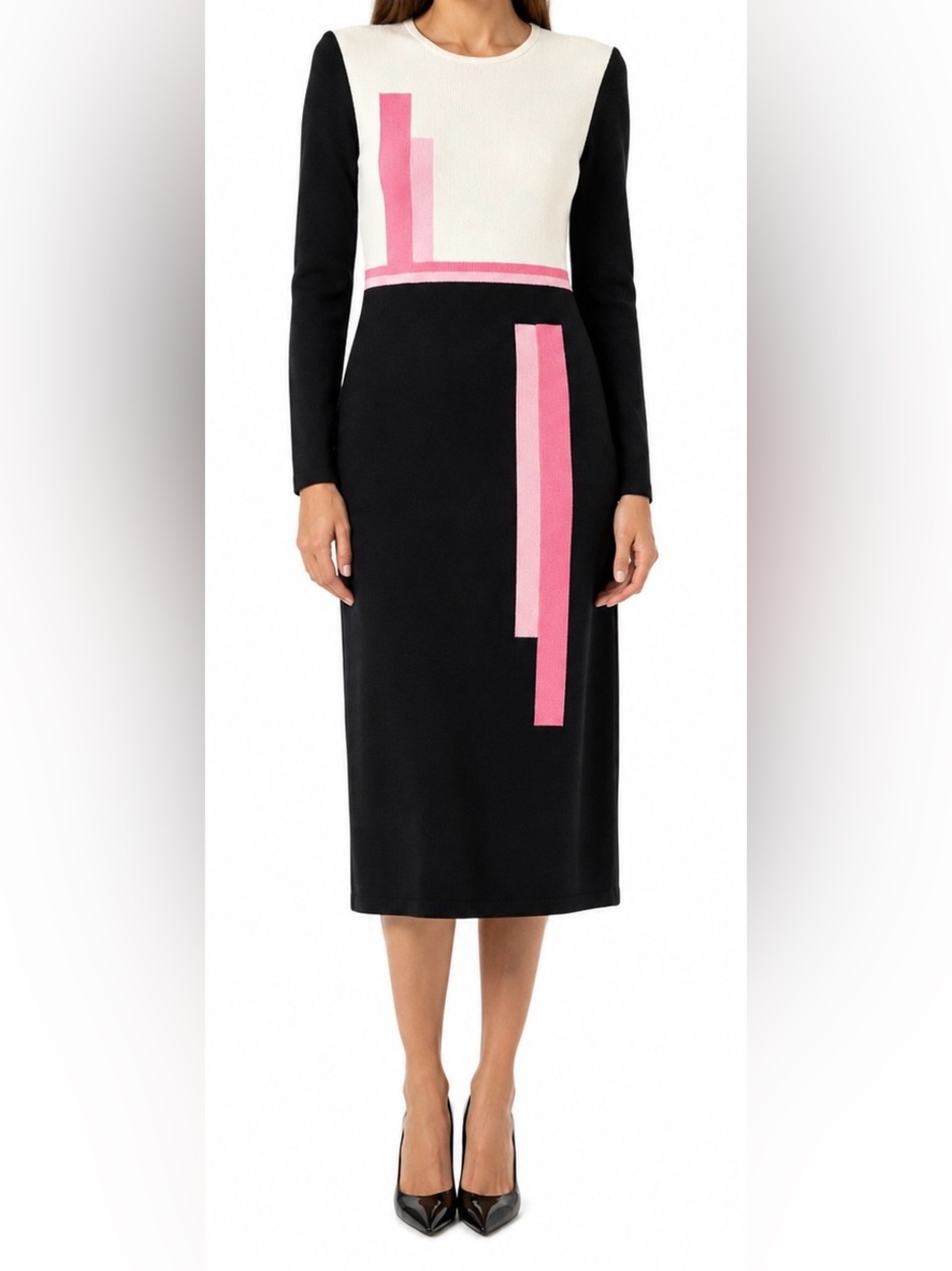 NWOT - Vintage 90s Solini Colorblock Knit Midi Dress Art Deco Size 14